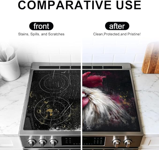 Stove Top Cover for Electric Stove 28.4 x 20.5 Inch Non Slip Stove Mat Oil Proof Rooster Portrait Glass Cooktop Protector Kitchen Counter Mat