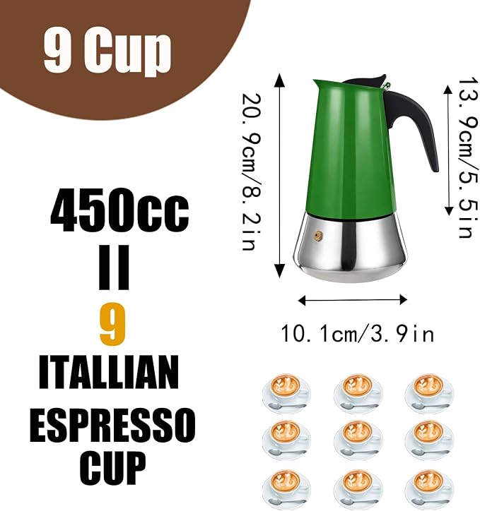 9 Cup Stovetop Espresso Maker Stainless Steel Moka Pot Stove Top Percolator Italian Coffee Makers Capable Mocha Greca Machine Cafe Classic Induction Cookers for Home and Camping 450ml 15oz