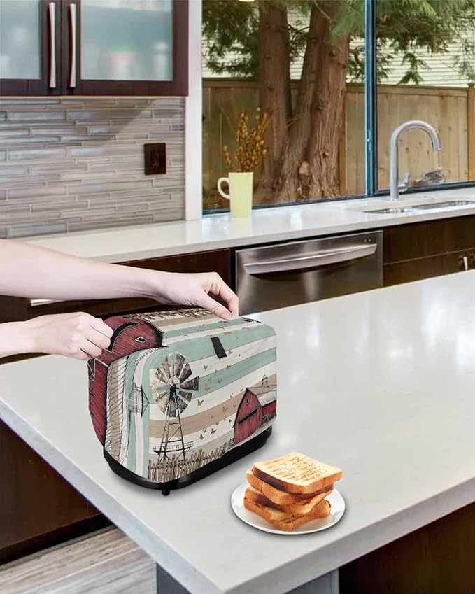 Windmill Farmhouse Toaster Cover 2 Slice, Vintage Teal Brown Wooden Dustproof Bakeware Oven Protector with Top Hook, Butterfly Waterproof Small Kitchen Appliance Toasters Dust Cover, 12"x7.5"x8"