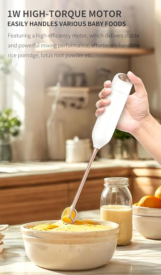 Electric Milk Frother, Handheld Milk Foam Maker with 1W High-Torque Motor, White, Food Grade Material, One-Button Operation, for Coffee Drinks and Baby Food
