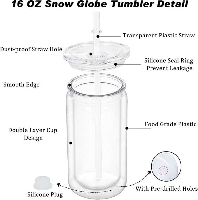 16 oz Plastic Snow Globe Tumbler, 16 Pack Double Wall Snowglobe Tumbler with Pre Drilled Hole, Plastic Mason Jar Cups Can for Snow Globe Glitter DIY (Clear)