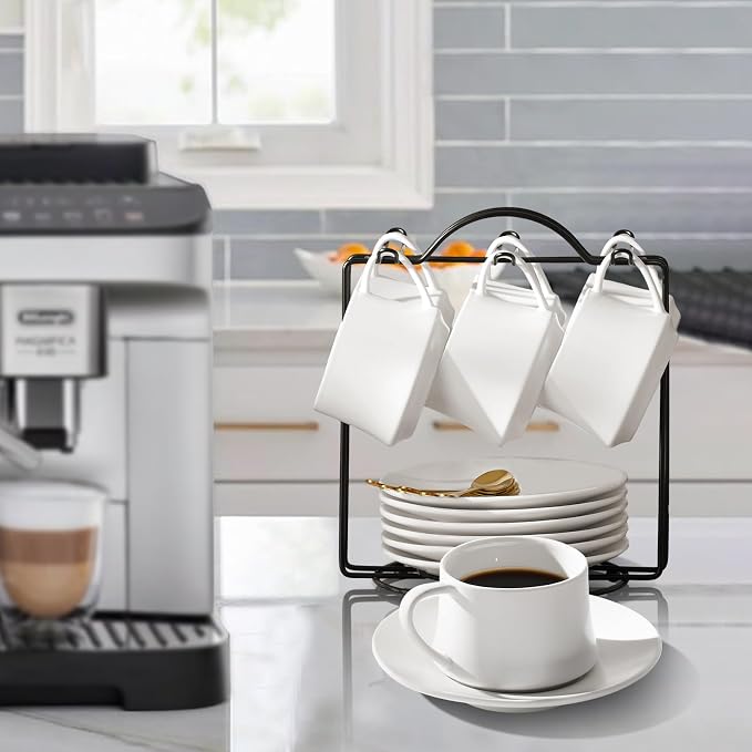 Lareina 7-Ounce Porcelain Cappuccino Cups Set of 6, Stackable Coffee Cups with Saucers, Spoons and Metal Stand-for Specialty Coffee Drinks, Cappuccino, Latte, Americano and Tea, White