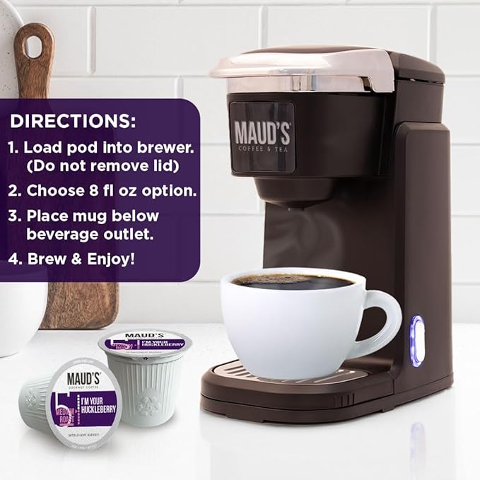 Maud's Huckleberry Flavored Coffee Pods, 18 ct, Medium Roast Flavored Coffee in Single Serve Pods – 100% Arabica Beans, Compatible with Keurig K Cups Maker