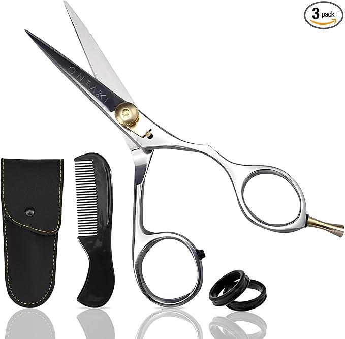 Ontaki Beard & Mustache Scissors For Men - 5.5" 420C Japanese Steel, Silver, Right Hand - Engineered Sharpness for Barber Shears - Comfort Grip for Grooming Scissors - Includes Beard Comb