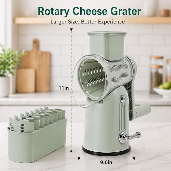 5 in 1 Rotary Cheese Grater with Hand Crank, 5 Replaceable Blades, Strong Suction Base, Multi-Functional Vegetable Slicer Shredder Chopper with Blade Storage Box for Fruit Vegetables Nuts(Green)