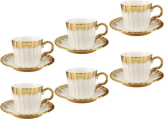 Turkish Coffee Cup Set of 6 with Saucers,3.5oz Ottoman Style Ceramic Tea Cups for Espresso Cappuccino Latte Mocha,White Gold