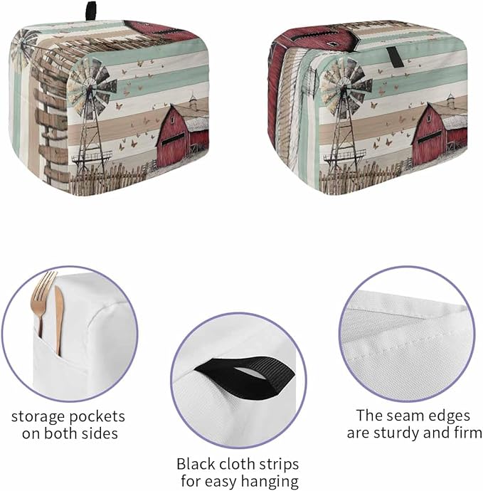 Windmill Farmhouse Toaster Cover 2 Slice, Vintage Teal Brown Wooden Dustproof Bakeware Oven Protector with Top Hook, Butterfly Waterproof Small Kitchen Appliance Toasters Dust Cover, 11"x6"x8"
