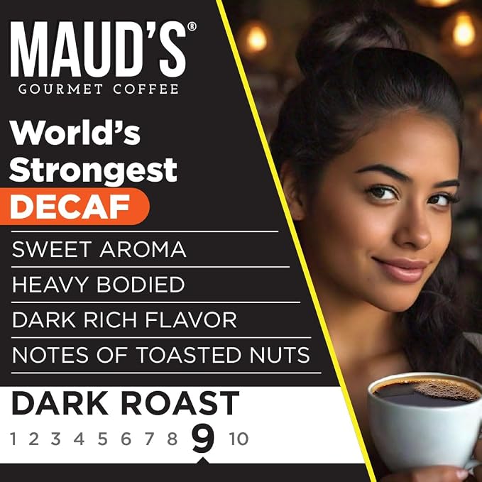 Maud's World's Strongest Decaf Coffee Pods, 18 ct, Decaffeinated Dark Roast Coffee in Single Serve Pods – 100% Arabica Coffee, Compatible with Keurig K Cups Maker