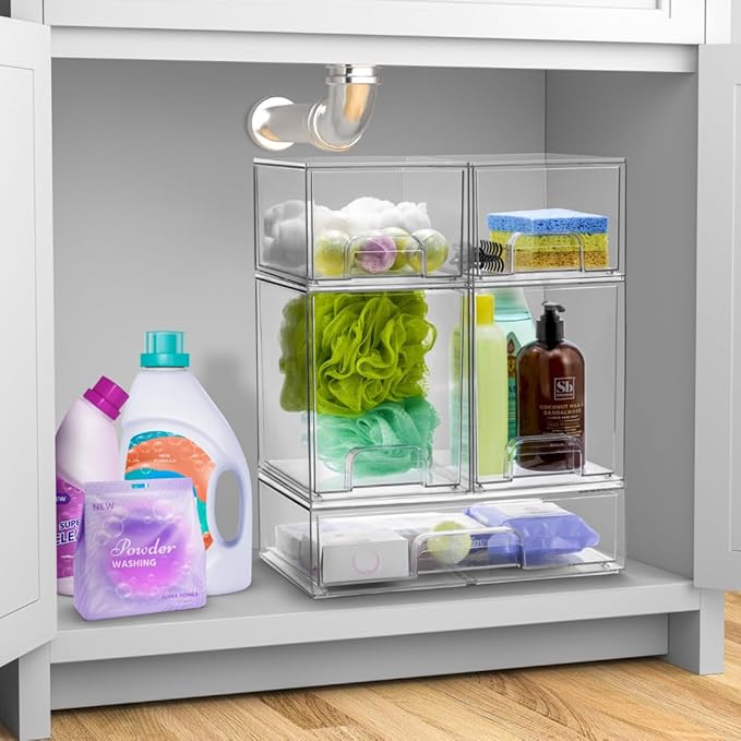 Sorbus Acrylic Storage Containers - 3 Pack, Stackable Storage Bins Set for Bathroom Organization - Clear Acrylic Drawer Organizers - Makeup Case Pull-Out Drawers (4.4’’ Tall and 12.1’’ Wide)
