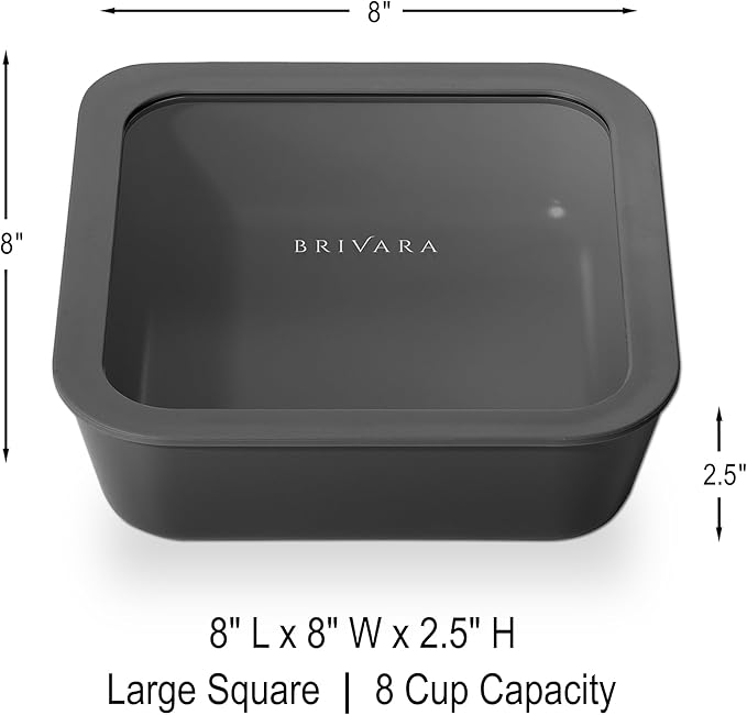 Ceramic Coated Glass Food Storage Container | No PTFE, PFOA, PFAS, and BPA | Reusable Non Toxic Meal Prep Container with Glass Lid | Easy To Store | 8 Cup Square [Onyx]