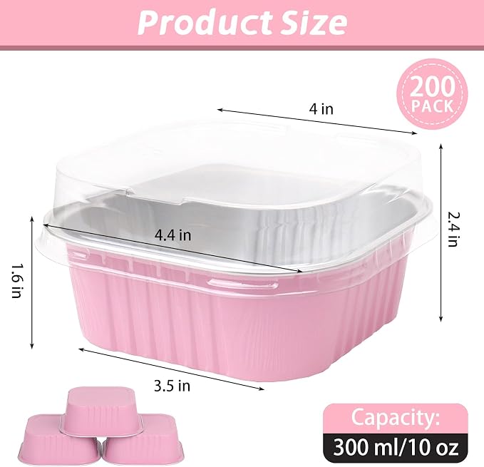 200 Pack 10 oz Pink Square Mini Cake Pans with Lids, Aluminum Foil Square Brownie Baking Cups for Ramekins Muffin Cupcake Wedding Birthday Party