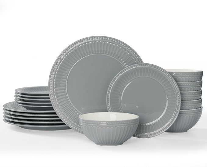 Famiware Garden Plates and Bowls Set for 6, 18-Piece Kitchen Dishes Dinnerware Set - Microwave and Dishwasher Safe, Scratch Resistant, Reactive Glaze and Embossed Stoneware Tableware, Bluish Grey