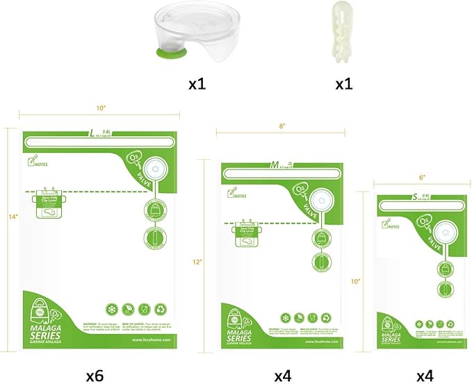 FOSA Spanish Reusable Vacuum Food Storage Bags - 14 Pack Multi Size Vacuum Zipper Bag with Adapter, Storage Bag for Home Organization, Sous Vide Cooking, Sanck outdoor (Vacuum Pump Not Included)