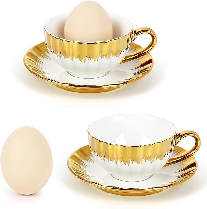 6 Pack 100ml Espresso Coffee Cups with Saucers, White Porcelain with Gold Electroplated Brushstroke Rim, Pumpkin Textured Ceramic Tea Cup Set for Cappuccino, Latte, Tea, Juice, Home & Party Use