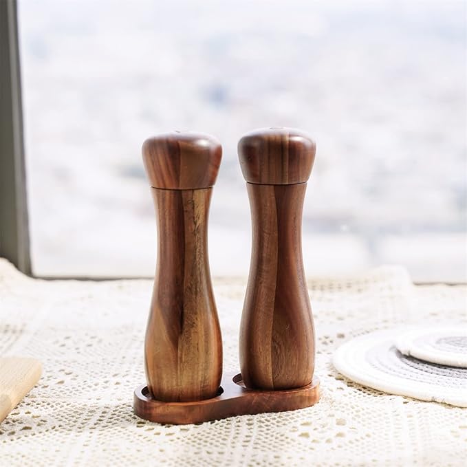 Salt and Pepper Grinder Set with Mill Tray, Set of 2 Salt and Pepper Mill with Ceramic Grinder Acacia Wood, Height 20.5 cm, Dia 6 cm