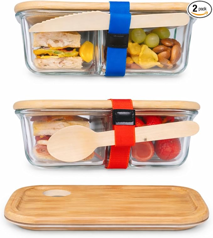 Glass Food Storage Containers with Bamboo Lids, Airtight Containers, Non Toxic Food Storage, Eco Friendly Fridge Storage Containers (2 Count)