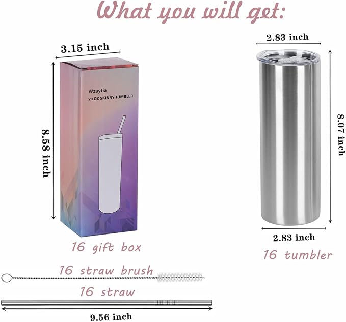 16 Pack 20 Oz Straight Skinny Tumblers,Individually Gift Boxed Stainless Steel Slim Skinny Tumbler Set Bulk, 20 Oz Insulated Slim Thin Travel Tumbler Cup for Diy, Silver