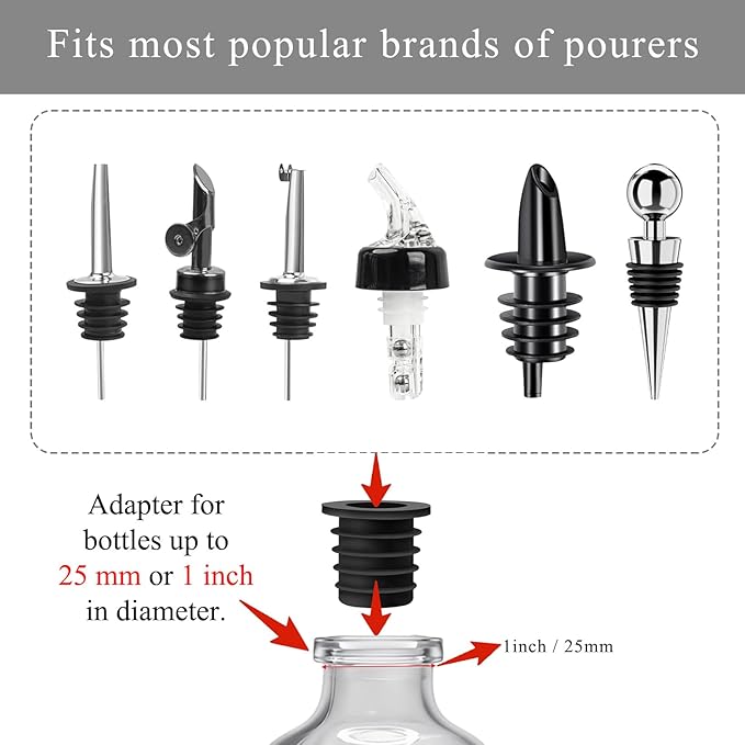 24-Pack Liquor Bottle Pourers with Adapters, Liquor Pour Spout Adapters set for for Large Olive Oil Bottles and Liquor Bottles - Up to 1 Inch/25mm Neck Converts Spout into a Large Pour Spout Silver
