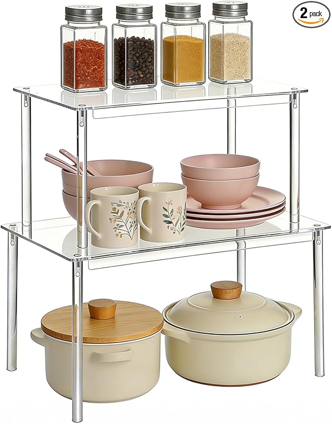Clear Acrylic Cabinet Organizer, 2-Pack Stackable Shelf Riser for Kitchen Pantry & Countertop, Tiered Spice Rack Organizer for Cabinets, Desk & Bathroom