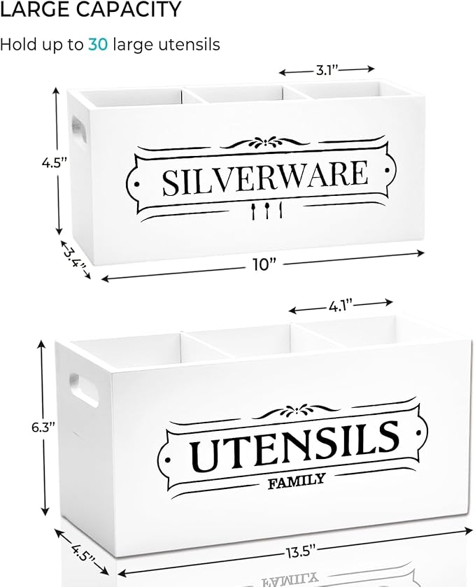 Kitchen Utensil Holder Set - Extra Large Wooden Countertop Organizer for Cooking Utensils, Cutlery and Flatware, Farmhouse Kitchen Decor, Silverware Caddy for party (White, Large)