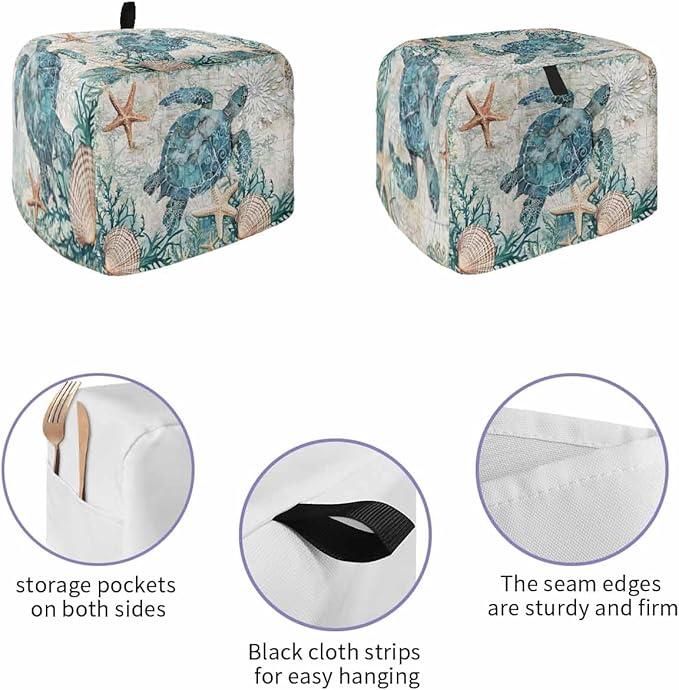 Teal Sea Turtle Toaster Cover 4 Slice, Coastal Coral Ocean Dustproof Bakeware Oven Protector with Top Hook, Nautical Vintage Waterproof Small Kitchen Appliance Toasters Dust Cover, 12"x11"x8"