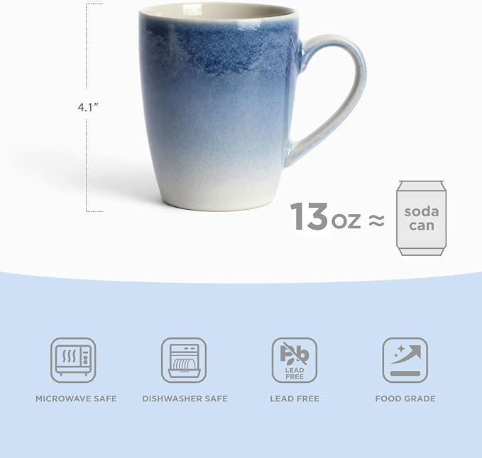 famiware Coffee Mugs Set, 13oz Mug Set of 4, Stoneware Cups for Latte, Hot Tea, Mocha, Cocoa, Cappuccino, Microwave and Dishwasher Safe, Glacier Series, Azure Blue
