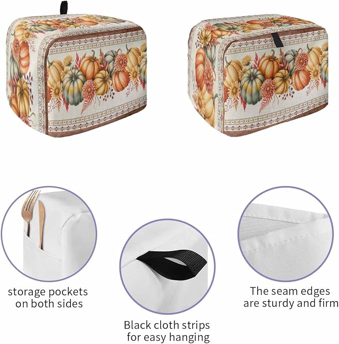 Orange Pumpkins Fall Toaster Cover 4 Slice, Thanksgiving Southwestern Floral Dustproof Bakeware Oven Protector with Top Hook, Autumn Waterproof Small Kitchen Appliance Toasters Dust Cover, 12"x11"x8"