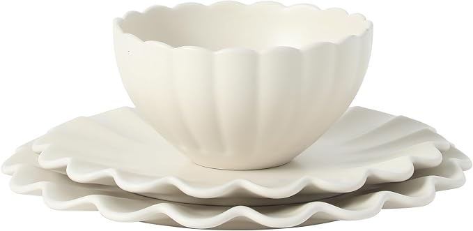 Gibson Elite Bistro Fleur Plates and Bowls Sets, 12-Piece Stoneware Dinnerware Set for 4, Ivory White Scalloped Dish Set with Dinner Plates, Salad Plates & Bowls