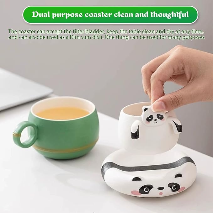 Ceramic Panda Tea Cup with Infuser and Saucer, Cute 8 oz Coffee Mug | Handmade Ceramic, Tea Cup with Filter, Birthday Gift for Women, Kids, Friends & Panda Lovers