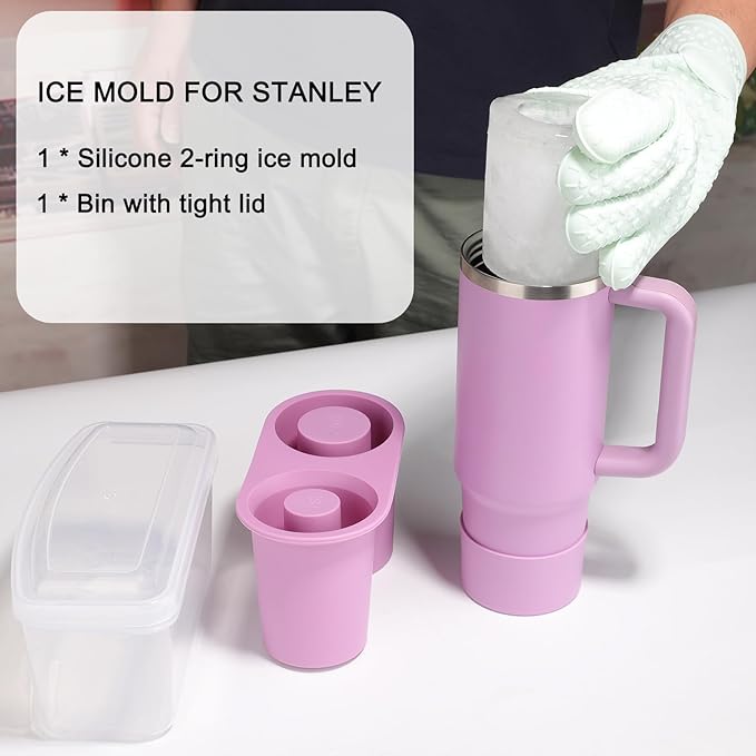 Ice Mold for Stanley Cup, Silicone Ice Cube Tray for Stanley Cup 30oz-40oz, Tumbler Ice Mold with Lid and Bin, Easy Release Cylinder Ice Cube Mold, 1 Pack, Lilac