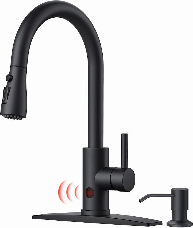FORIOUS Black Touchless Kitchen Faucet with Soap Dispenser, Hands-Free, Smart Motion Sensor, Contemporary Bar Sink Faucet with Pull Down Sprayer for Farmhouse RV Camper
