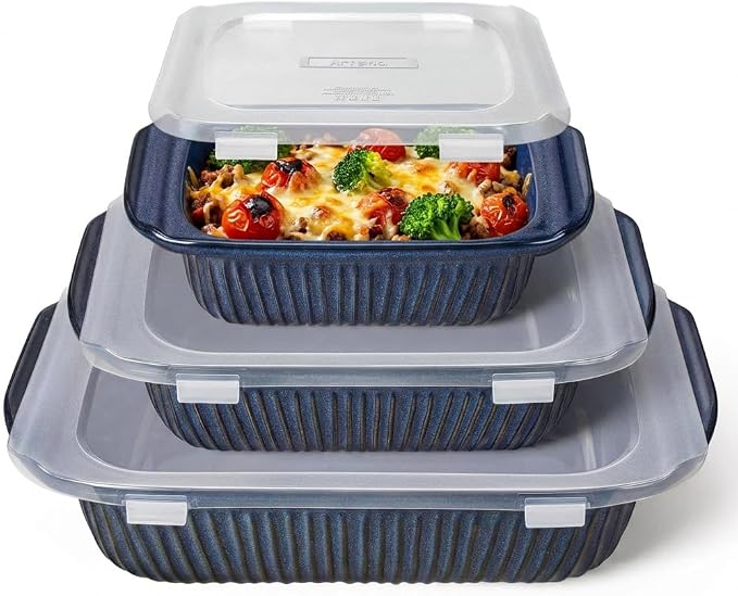 Artena Casserole Dishes For Oven, Ceramic Baking Dish, Large Lasagna Pan With Handles, Baking Pan Casserole Dish, Rectangular Bakeware Deep, Set Of 3 (5.1Qt/2.3Qt/1.1Qt) (Blue, With Lids)