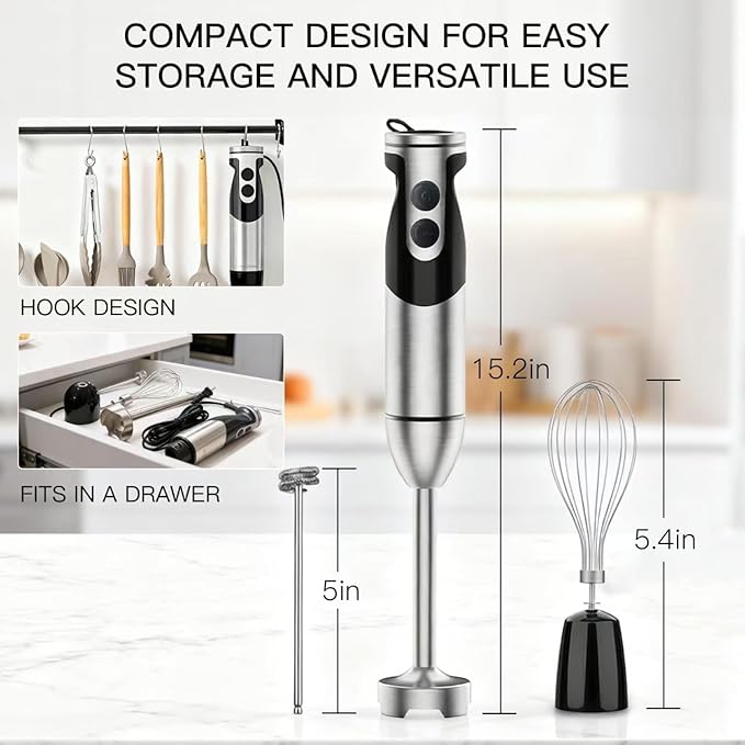 Megawise High-Power Hand Blender – 400W Max Power with Versatile 3-in-1 Attachments (Blending Shaft, Whisk, Chopper); Ergonomic Design with Adjustable Speed Control; Easy to Clean and Maintain (Black)