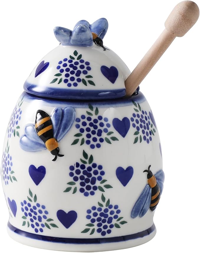 ZOOBEE Ceramic Honey Pots with Dipper and Lid Farmhouse Style,10oz Honey Jar with Dipper,Handpainted Honey Jars with Bees,Easily Wash-Deep Love