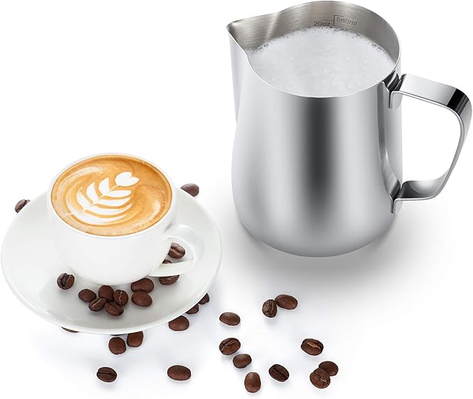 Milk Frothing Pitcher, Thicker Version 600ml 20oz Steaming Pitchers Stainless Steel Milk Coffee Cappuccino Latte Art Barista Steam Pitchers Milk Jug Cup with Decorating Pen