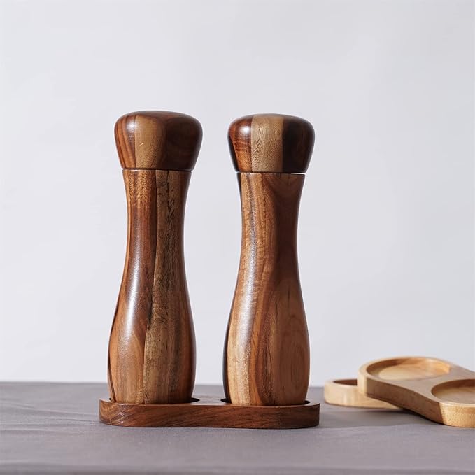 Salt and Pepper Grinder Set with Mill Tray, Set of 2 Salt and Pepper Mill with Ceramic Grinder Acacia Wood, Height 20.5 cm, Dia 6 cm