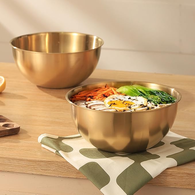 Stainless Steel Salad Bowls Set of 2 Mixing Bowl with Measurement Markings Snacks Bowls, 2.11 Quart Gold Serving Bowls for Mixing, Cooking, Baking, Prepping and Home Kitchen Food Storage Bowls