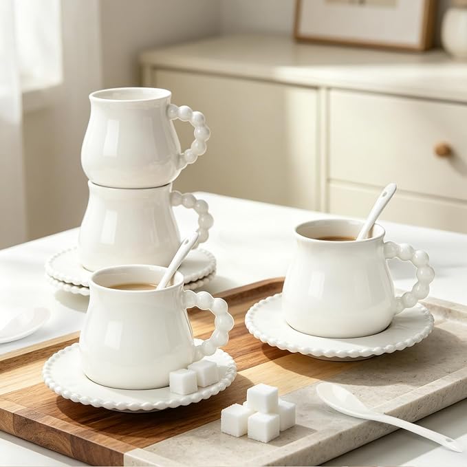 8 oz Ceramic Cappuccino Cups with Saucers and Spoons, Set of 4 Coffee Cup Mugs for Latte, Au Lait, Flat White, Mocha, Tea, Elegant Tea Mugs Set, Dishwasher & Microwave Safe