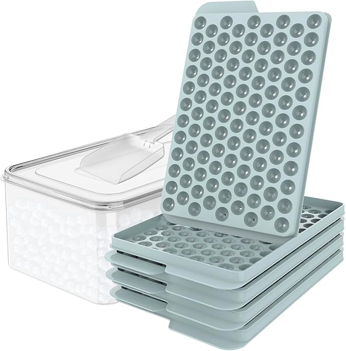 WIBIMEN Mini Ice Cube Trays, 0.55” Tiny Pebble Ice for Iced Coffee & Cocktails, Fast Chill, Easy Twist Release, Stackable with Lid & Storage Bin (4 Pack, Blue)