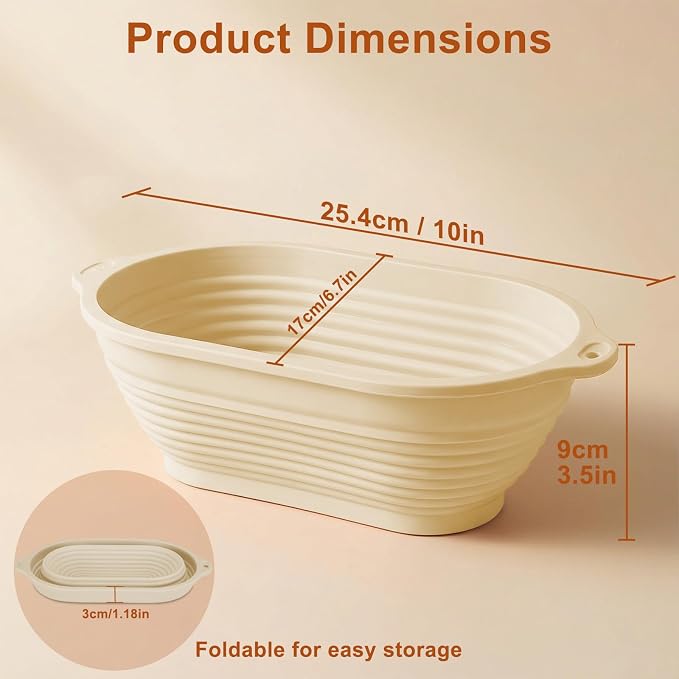 4 Pcs 10" Oval Upgraded Silicone Banneton with Handles | Foldable Bread Proofing Basket, Reinforced Rim Support, Bowls for Sourdough Bread Baking, Oven & Dishwasher Safe-BPA Free
