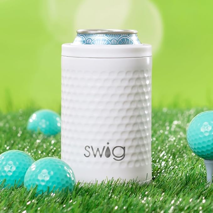 Swig Life Standard Can Cooler, 12oz Insulated Bottle & Can Holder, Stainless Steel Cooler, Covers for Standard 12 oz Beer Bottles, Beach Accessories for Women (Golf Ball)
