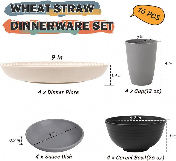 Wheat Straw Dinnerware Sets 16 PCS - Unbreakable Kids Plates and Bowls Sets for 4,Dishwasher & Microwave Safe Modern Lightweight Toddler Plates and Bowls Set for RV,Travel,Camping - Grey Stone