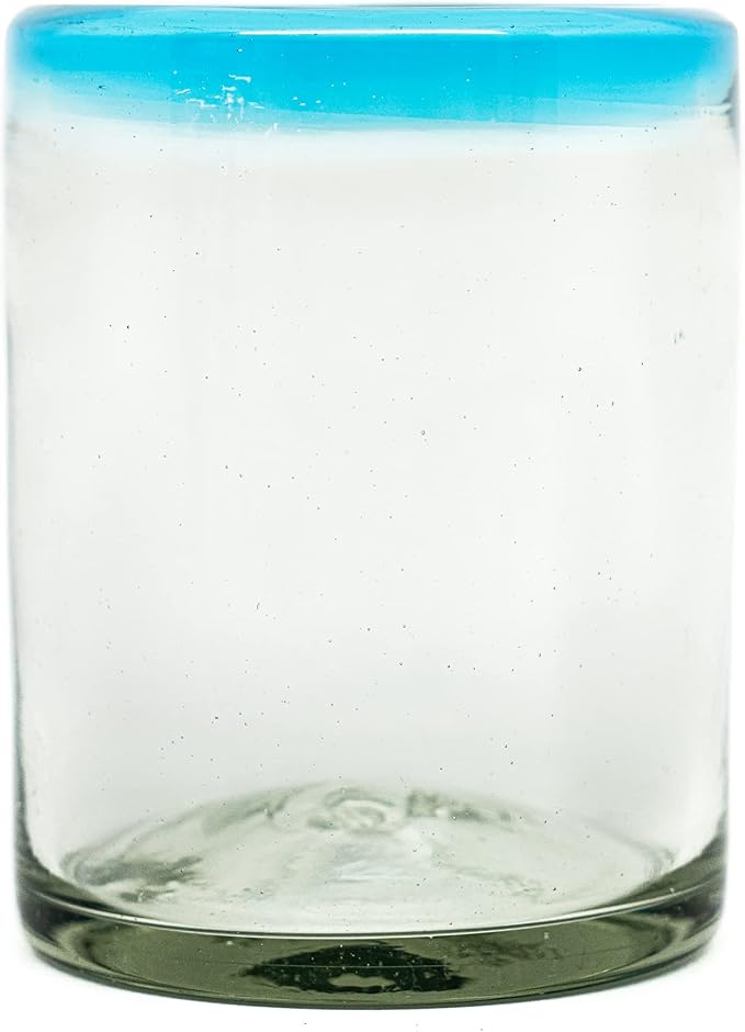 Set of 6 Hand-Blown Tumbler (10 oz) Glasses from Mexico with Aquamarina Rim - Rustic & Handcrafted Recycled Bubble Glass Drinking Glassware