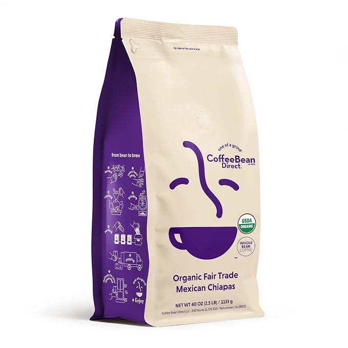Coffee Bean Direct Organic Fair Trade Mexican Chiapas, Whole Bean Coffee, Arabica Coffee, Light Roast, 2.5 Pound Bag (Pack of 1)