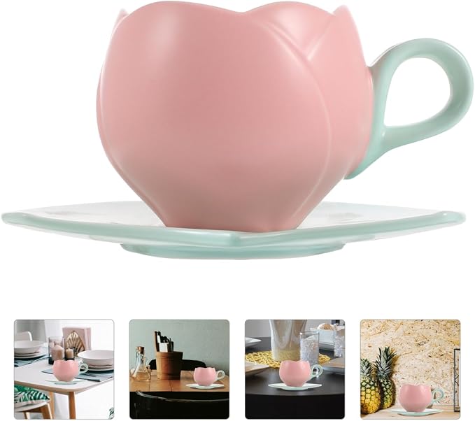 Luxshiny Ceramic Pink Tulip Coffee Mug with Handle, 10oz/300ml Tulip Shape Coffee Cup with Saucer for Tea Milk for Home Office (Pink)