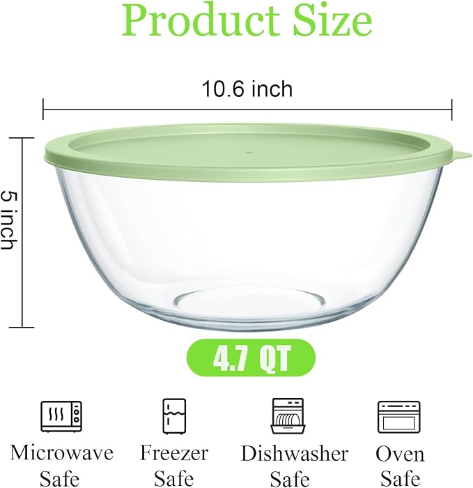 4.7 Qt Extra Large Glass Mixing Bowls, Clear Glass Bowl with Lid, Big Salad Bowl for Salad Fruit Bread Storage (4.7qt)