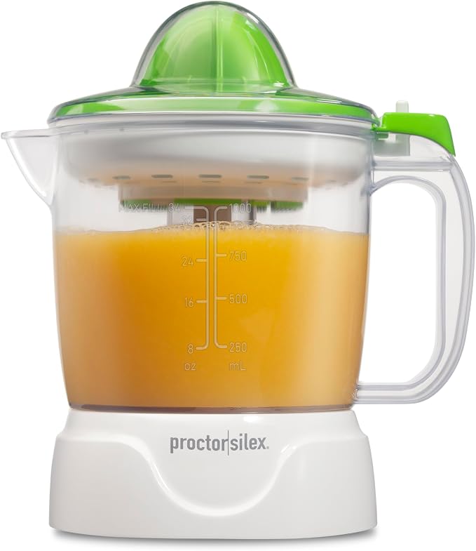 Proctor Silex 34 oz. Electric Citrus Juicer, Orange Juicer | Pressure Activated | 2 Reamers For Big and Small Fruit | Pulp Control | For Orange, Lemon, Grapefruit Juice | White & Green