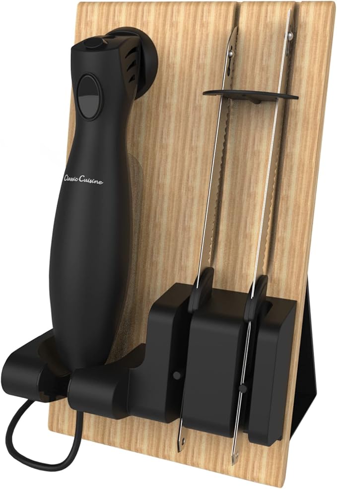 Electric Carving Knife Set - 2 Stainless-Steel Blades, Comfort Grip Handle, and Wood Storage Block for Slicing Bread, Meat and More by Classic Cuisine