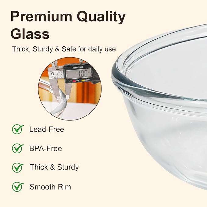 6.3 Quart Large Glass Mixing Bowl for Sourdough Bread,11.5 Inch Diameter Large Capacity Clear Glass Mixing Bowl with Covers&Serving Utensils for Sourdough,Salad,Cooking Prepping and Food Storage