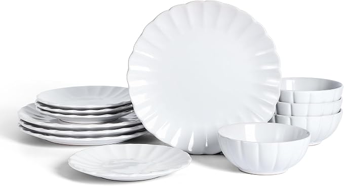 Earth & Clay Phoenix 12-Piece Stoneware Dinnerware Set, Plates and Bowls Set, Dishwasher and Microwave Safe, Dish Set for 4, White